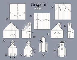 Rakete Origami planen Lernprogramm ziehen um Modell. Origami zum Kinder. Schritt durch Schritt Wie zu machen Origami Transport. Vektor Illustration.