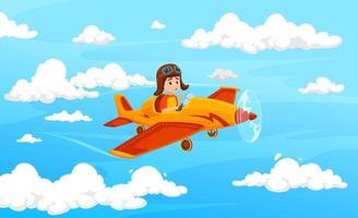 Junge Kind fliegend auf Ebene, Kind Pilot auf Flugzeug vektor