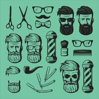 Barbier Geschäft Symbole einstellen mit Bart, Gläser, Schere und andere Artikel. vektor