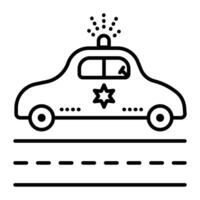 Polizei Auto schwarz Linie Vektor Symbol, Zeichen von Straße und patrouillieren Fahrzeug mit Sirene