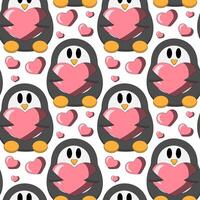 sömlös mönster med söt pingvin och hjärta vektor