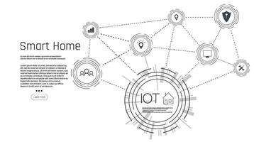 Banner von Clever Zuhause Technologie. das Gebäude besteht von Zahlen und ist in Verbindung gebracht durch Symbole von Haushalt Clever Geräte. intelligent Zuhause Verwaltung System. vektor