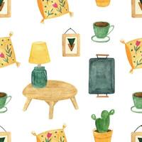 hygge Hem dekor sömlös mönster med växt, tabell lampa, kaffe, kudde. vattenfärg mysigt interiör vektor
