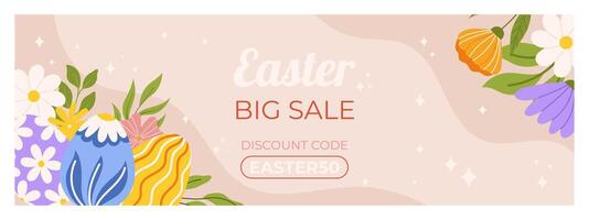 Ostern Verkauf horizontal Banner Vorlage zum Förderung. Design mit gemalt Eier im links Ecke und Blumen im richtig vektor