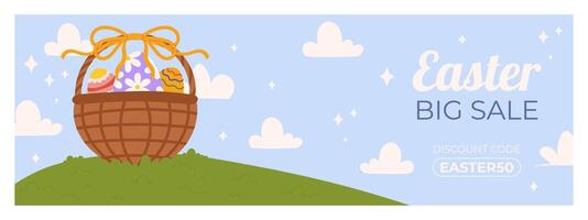 Ostern Verkauf horizontal Banner Vorlage zum Förderung. Design auf Himmel Blau Hintergrund mit Grün Gras Feld, gemalt Eier im Korb vektor