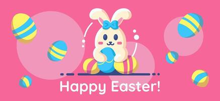Lycklig påsk baner med söt platt kanin med påsk ägg, inbjudan, hälsning för en springtime Semester. vektor illustration.