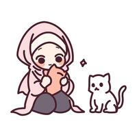 söt en muslimsk tjej och en katt tecknad illustration vektor