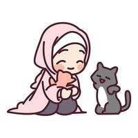 söt en muslimsk tjej och en katt tecknad illustration vektor