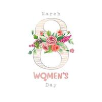 Mars 8 kvinnors dag kreativ hälsning kort med ritad för hand stil symbol och årgång blommor och löv. kalender sida med rosa och röd rosor. vykort design. isolerat siffra med klippning mask. vektor