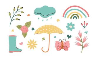 klotter vår element för klistermärken eller dekoration av kort och affischer. hand dragen paraply, fjäril, regnbåge och blommor. ljus söt minimalistisk springtime samling. vektor