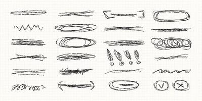 penna Understrykning och strykning stroke för notera bok. hand dragen samling av annorlunda dagbok klottra rader och element på rutig anteckningsbok. snabb korsade och vågig markera för klotter vaddera vektor