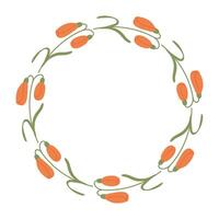 klotter blommig krans tillverkad av orange blommor i cirkel. hand dragen minimalistisk botanisk element. runda ram eller gräns av tulpaner med plats text, Citat eller logotyp i platt stil. vektor