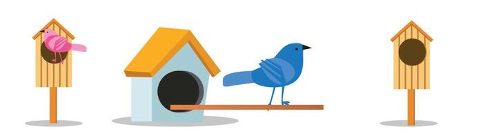Karikatur Sammlung von süß hölzern Vogel Häuser, dekoriert mit Tür Löcher zum Vögel zu halt In, Frühling Elemente zum Design vektor