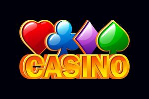 spel text kasino och fyra poker symboler. hjärta, spade ,klubb och diamant. vektor