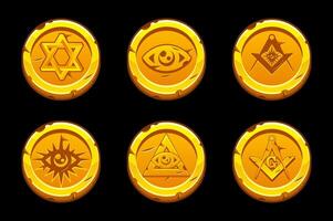 golden Münzen mit ein allsehend Auge. golden Pyramide und allsehend Auge, Freimaurerei freimaurerisch Symbol. vektor