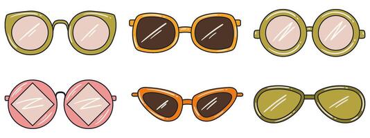 uppsättning av annorlunda retro stil, hippie solglasögon. retro estetisk vibb, 70-tal. hand dragen vektor platt stil vektor illustrationer