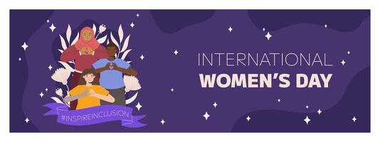 iwd inspirera inkludering kampanj, internationell kvinnors dag 2024 horisontell baner mall funktioner en mångfald av kvinnor framställning hjärta gest med deras händer. vektor illustration platt stil.