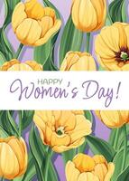 Gruß Karte zum International Damen Tag. Poster mit Gelb Tulpen zum März 8. Vektor Vorlage mit Frühling Strauß