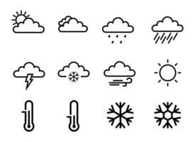 ikon uppsättning väder, molnig, dugga, regn, snö, ljus Sol, översikt design, svart och vit, och 3d. eps 10. vektor