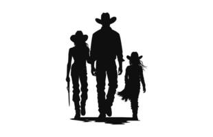 Lycklig cowboy familj silhuett svart vektor isolerat på en vit bakgrund