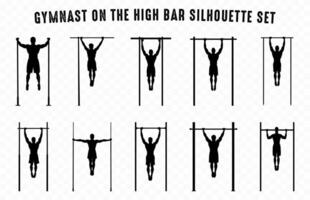 Gymnastik auf hoch Bar Silhouetten Vektor Satz, Männer Sportler Turner schwarz Silhouette bündeln