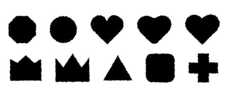 grundläggande symboler med en grov, trasig kant. uppsättning av grunge element för collage, klistermärke. svart ikoner. hjärta krona cirkel fyrkant triangel korsa. vektor illustration.