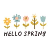 Hej vår citat. blommig springtime hand dragen grafik design. positiv fraser för klistermärken, vykort eller affischer. vektor illustration