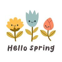 Hej vår citat. blommig springtime hand dragen grafik design. positiv fraser för klistermärken, vykort eller affischer. vektor illustration