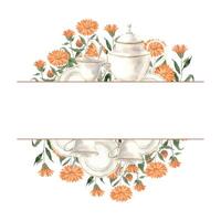 Aquarell Rahmen mit Keramik Geschirr und Orange Ringelblume Blume. Illustration Hand gezeichnet auf isoliert Hintergrund, geeignet zum Speisekarte Design, Verpackung, Poster, Webseite, Textil, Einladung vektor