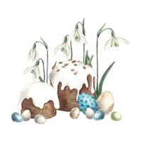 Aquarell Ostern Komposition mit Ostern Kuchen, Schneeglöckchen und Eier. Hand gezeichnet Abbildungen auf isoliert Hintergrund zum Gruß Karten, Einladungen, glücklich Feiertage, Poster, Grafik Design vektor