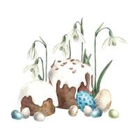 vattenfärg påsk sammansättning med påsk kaka, snödroppar och ägg. hand dragen illustrationer på isolerat bakgrund för hälsning kort, inbjudningar, Lycklig högtider, affischer, grafisk design vektor