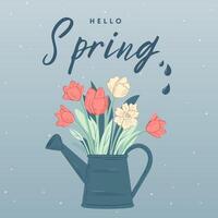 Hallo Frühling Karte. modisch Frühling Design mit Bewässerung können im Pastell- Farben und Text. Poster, Gruß Karte, Banner. vektor