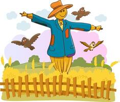vektor illustration av en scarecrow med gal flygande i de fält