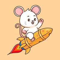 süß Baby Maus Reiten Käse Rakete Karikatur Vektor Symbol Illustration Tier Transport isoliert