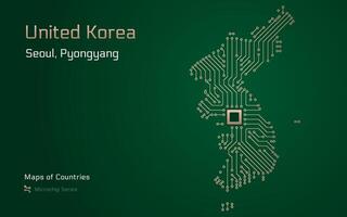 vereinigt Korea Karte mit ein Hauptstadt von Seoul, Pjöngjang gezeigt im ein Mikrochip Muster mit Prozessor. E-Government. Welt Länder Vektor Karten. Mikrochip Serie