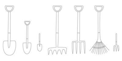 einstellen von Gartenarbeit Werkzeug. Rechen, Schaufeln, Besen. vektor