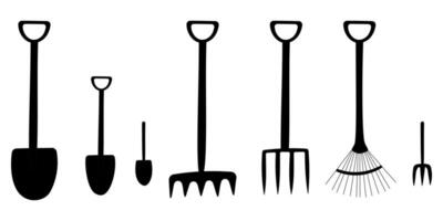 einstellen von Gartenarbeit Werkzeug. Rechen, Schaufeln, Besen vektor