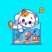 süß Katze spielen mit Fisch im Aquarium Karikatur Vektor Symbol Illustration. Tier Natur Symbol Konzept isoliert Prämie Vektor. eben Karikatur Stil