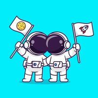 söt astronaut vän innehav flagga måne och raket tecknad serie vektor ikon illustration. vetenskap teknologi ikon begrepp isolerat premie vektor. platt tecknad serie stil