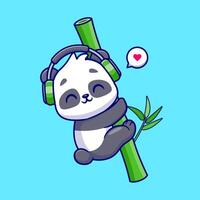 süß Panda Umarmung Bambus mit Kopfhörer Karikatur Vektor Symbol Illustration. Tier Natur Symbol Konzept isoliert Prämie Vektor. eben Karikatur Stil