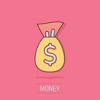 pengar väska ikon i komisk stil. moneybag med dollar tecknad serie vektor illustration på isolerat bakgrund. kontanter säck stänk effekt företag begrepp.