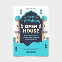 eid mubarak flygblad, affisch för öppen hus med moské illustration design mall vektor