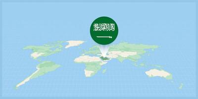 plats av saudi arabien på de värld Karta, markant med saudi arabien flagga stift. vektor
