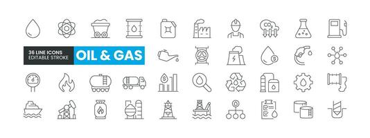 uppsättning av 36 olja och gas linje ikoner uppsättning. olja och gas översikt ikoner med redigerbar stroke samling. inkluderar olja tankfartyg, arbetstagare, fabrik, kärn växt, hav hamn, och Mer. vektor