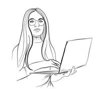 Hand Zeichnung von ein Mädchen halten ein Laptop Vektor