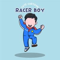 söt tecknad serie racer pojke bär hjälm och kostym vektor illustration