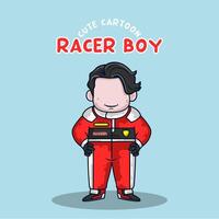 söt tecknad serie racer pojke bär hjälm och kostym vektor illustration