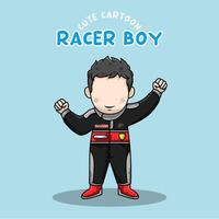 süß Karikatur Rennfahrer Junge tragen Helm und passen Vektor Illustration