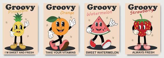 groovig 70er Jahre Plakate mit retro Früchte Karikatur Figuren. Erdbeere, Wassermelone, Ananas, orange. Karikatur Zeichen im modisch retro Stil, Comic Maskottchen Zeichen vektor