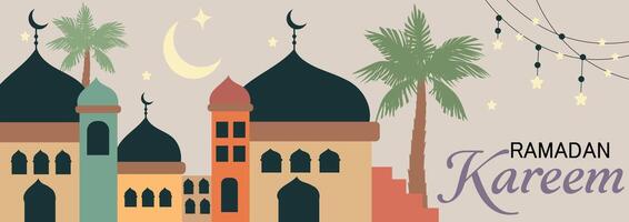 Ramadan kareem Vektor Illustration im eben geometrisch Stil Design zum Poster, Gruß Karte, Banner und Abdeckung. modern Kunst Design mit Muster von schön arabisch alt uralt Stadt gegen das Hintergrund